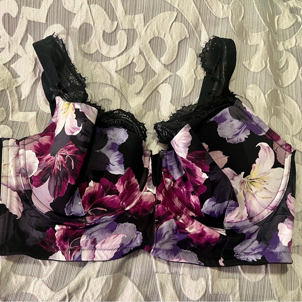 Cacique Black and Purple Floral Lace Bra